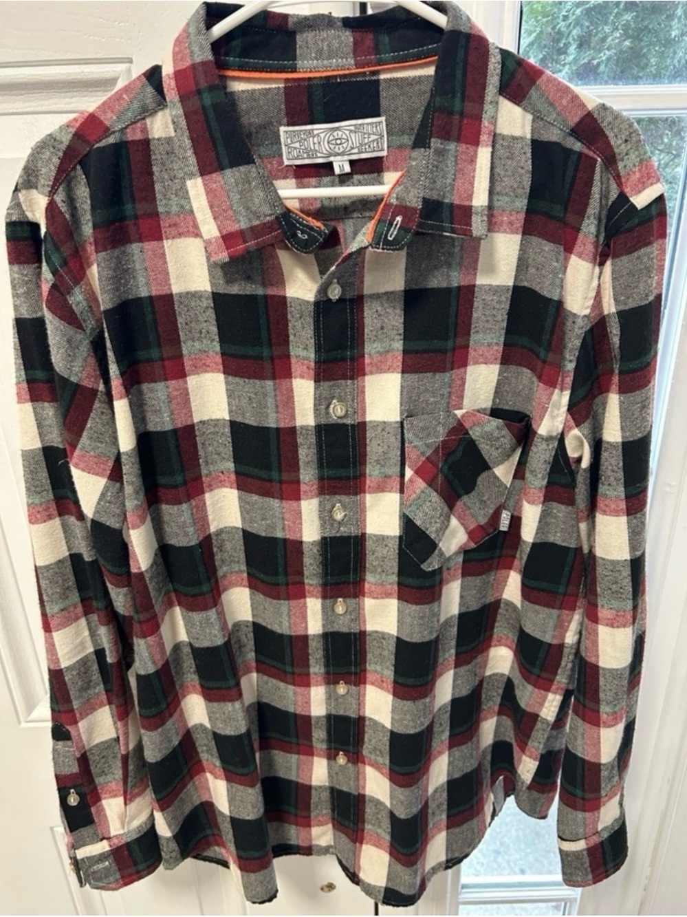 Men's Plaid Button-Down Shirt in Cream, Black & Red - M